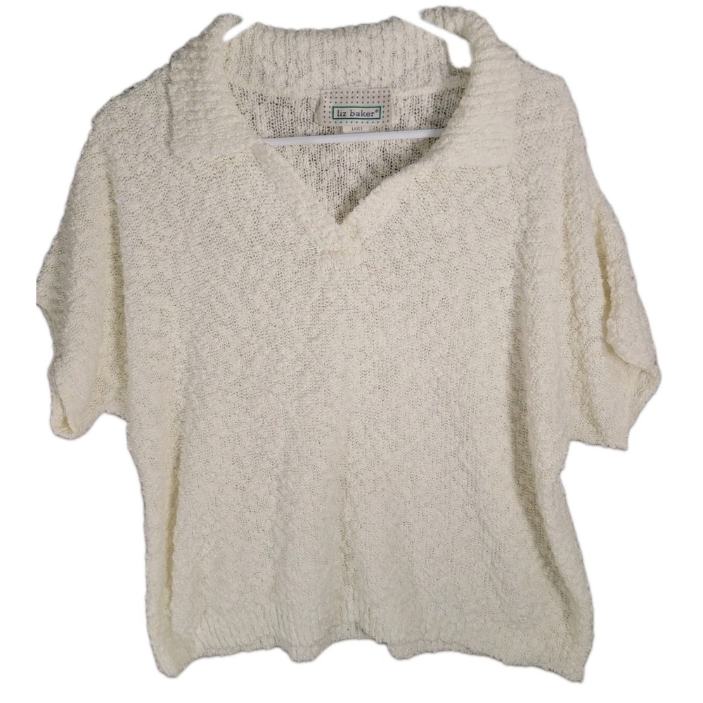 Vintage Liz Baker Sweater Womens Large Cream Boucle Knit Polo Short Sleeve Top